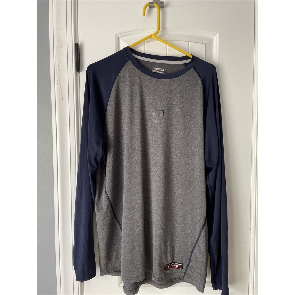 Mens UNDER ARMOUR Baseball HEATGEAR Blue &‎ Gray LONG SLEEVE T Shirt XXL Fitted